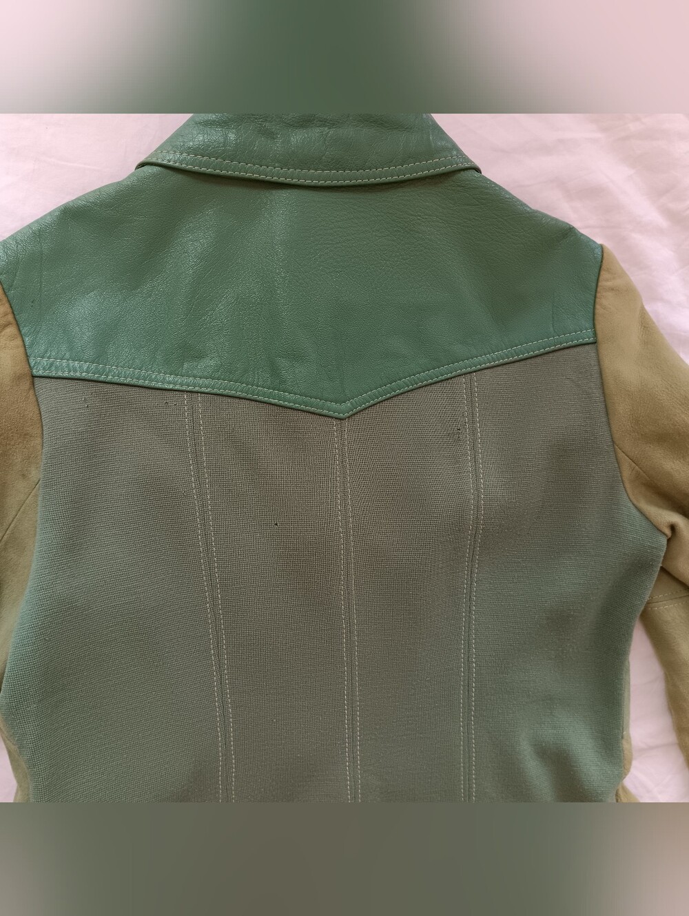 Rare True Vintage 70s Multi Tone Green Suede Leather Knit Back Tailored Jacket - Picture 3 of 12